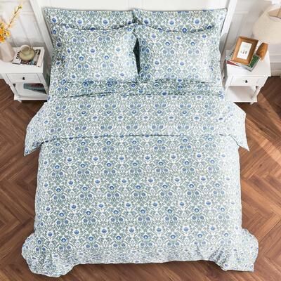 Melange Home Printed Design Cotton Blue Floral Arts & Crafts Duvet Cover Set