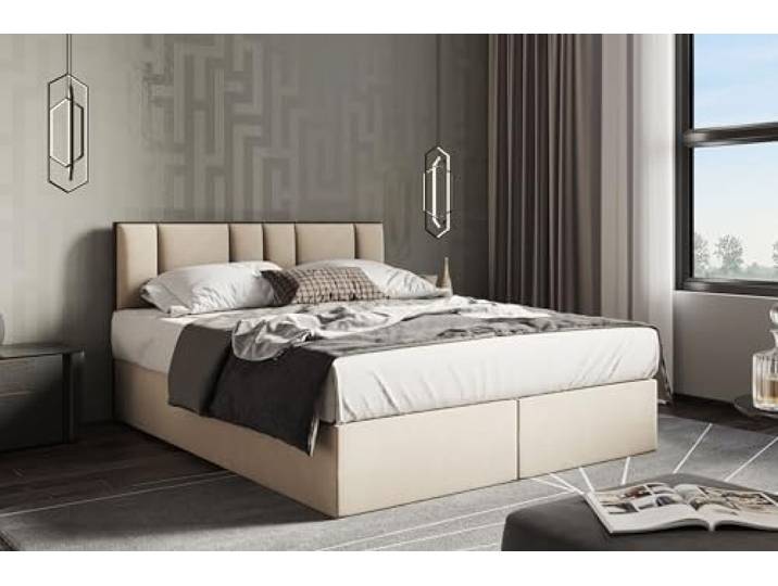 TRADA Boxspringbett 160 x 200 cm mit H3 Taschenmatratze Trapani, Hellbeige Modern Bett mit Topper 5 cm und Bettkasten