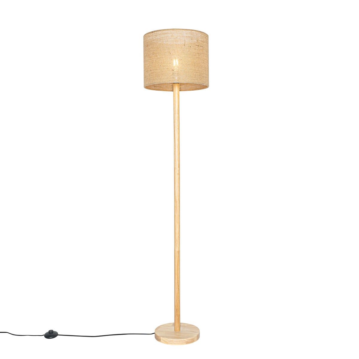 Qazqa Vloerlamp Rustiek Hout en Beige Textiel met E27 Fitting
