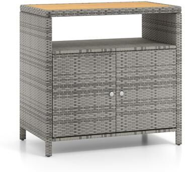 Costway Rattan Storage Cabinet with Acacia Wood Countertop for Poolside Deck and Patio-Gray