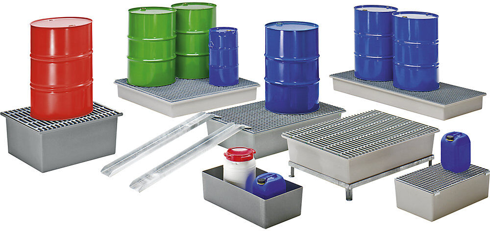 GFK-Boden-Auffangwanne, ohne Zulassung, 1 x 200-l-Fass, mit GFK-Gitterrost CEMO