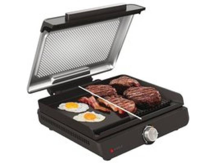 Grill électrique intérieur plancha - plaque antiadhésive 260°C - couvercle compatible lave-vaisselle collecteur de graisse gris