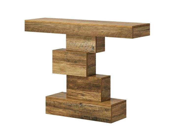ELVORIN Table console 108 x 30 x 80 cm en panneaux de particules E1 aspect bois base géométrique étagée marron clair