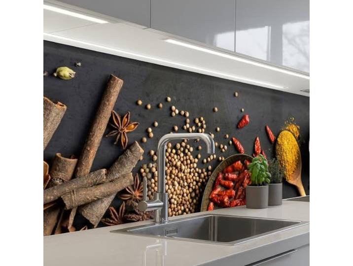 KitchenYeah© Küchenrückwand Selbstklebend Küchenspritzschutz Rückwand 80x300 cm - Wandschutz Ohne Bohren Spritzschutz Wand Wandverkleidung Kräuter - Lebensmittel - Gewürze - Schwarz - Paprika