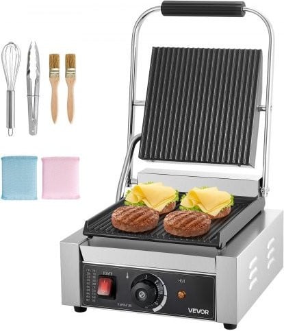 VEVOR Commerciële Panini Grill 1800W, Roestvrijstalen Contactgrill in Zilver voor Sandwiches, Steak en Hamburgers met Temperatuurregeling