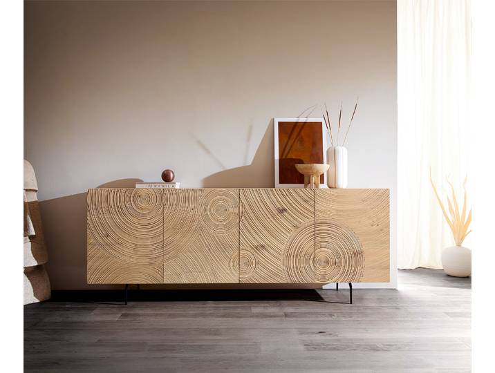 Sideboard Ashara 200 cm Eiche Natur 3D Effekt 4 Türen Winkelfuß Metall Schwarz, Sideboards