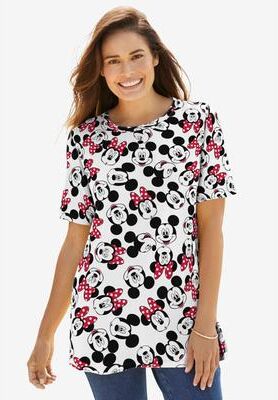 Plus Size Women's Disney Womens Short Sleeve Crew Tee Mickey Mouse All Over Print by Disney in White Heads Print (Size S)