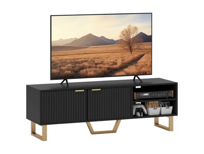 HOMCOM Holz-TV-Ständer bis 70 Zoll, 2 Türen, 140x39x47cm, Schwarz TV-Ständer, TV-Bank, Schrank, Rillentüren, offenes Fach, Kabelführung, Wohnzimmer, Schlafzimmer