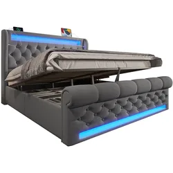 OKWISH LED-Designbett "Cloud" 160x200 cm in Schwarz – Künstlerische Form mit Couchtisch, Stauraum & USB-Ladestatio