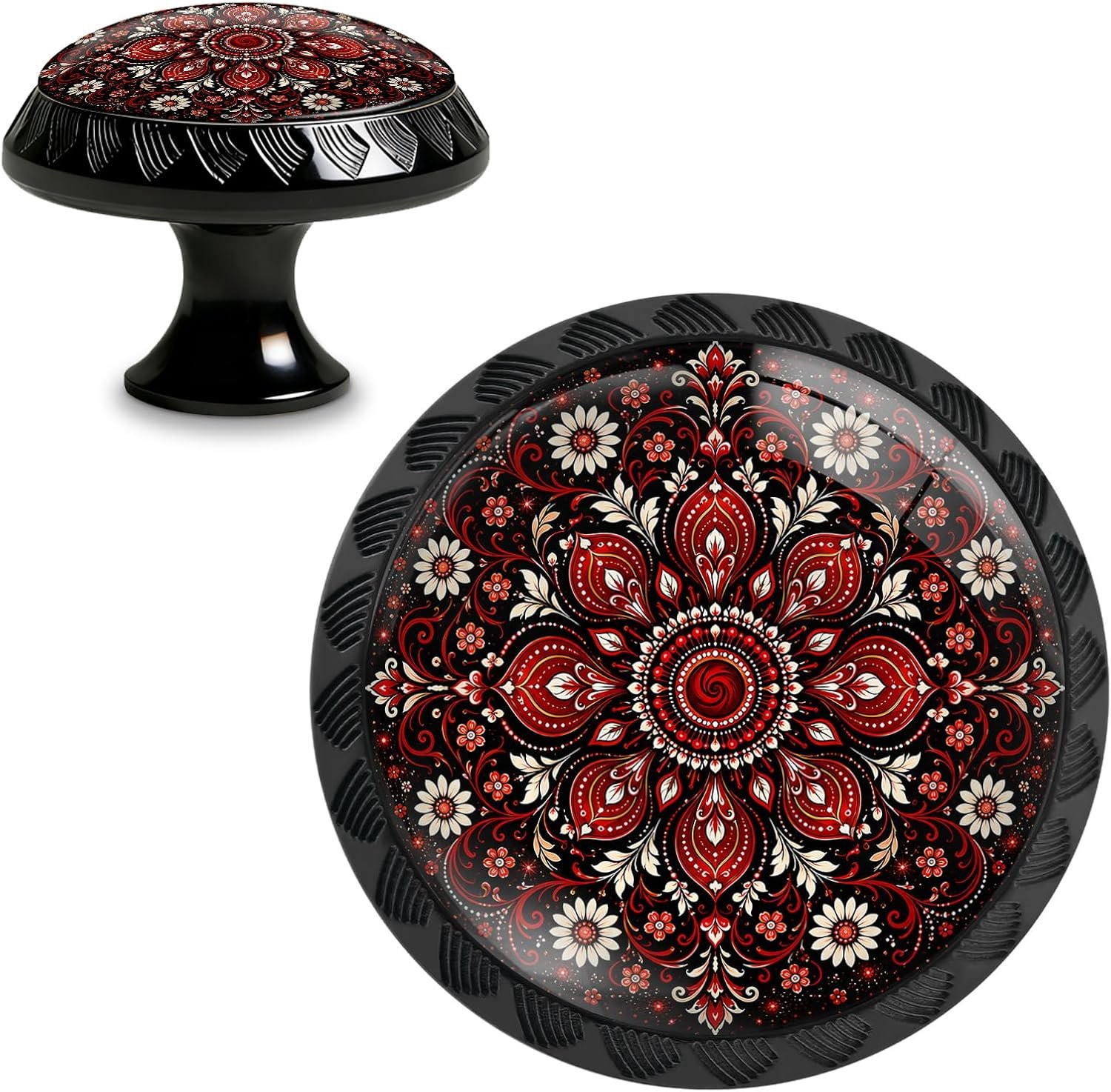 Set van 4 ronde glazen kastknoppen met rood mandala bloem ontwerp - Vemera
