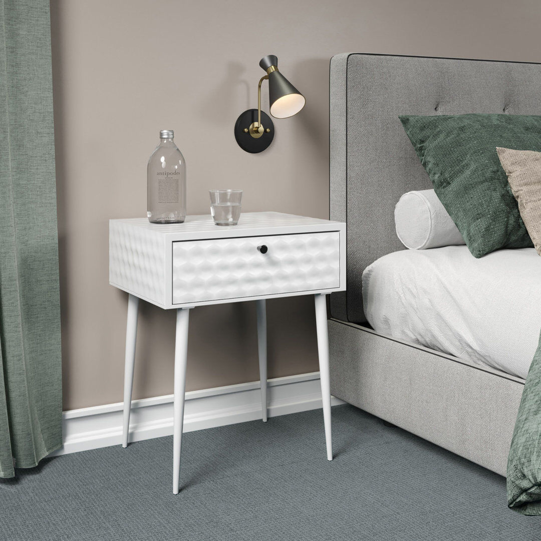 George Oliver Loar 1-Drawer Metal Bedside Cabinet, Eccentric Mid-Century Nightstand for Bedroom White 55cm H X 45cm W X 35cm D