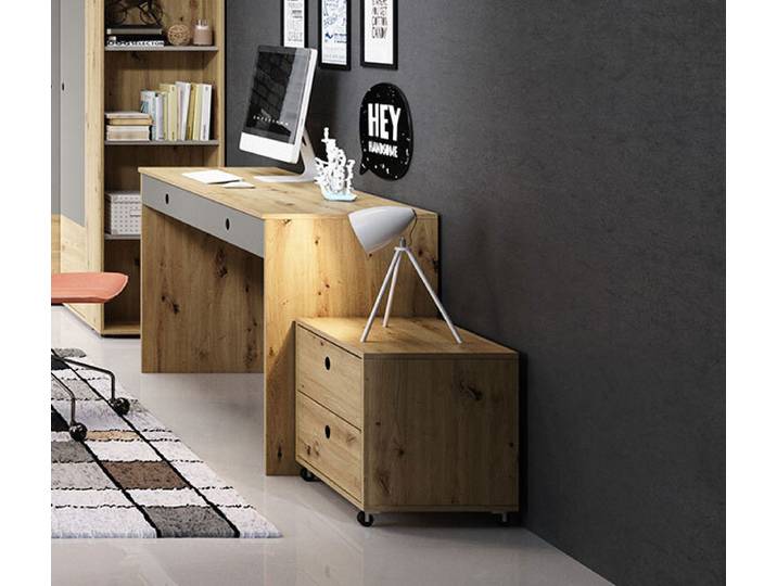 Schreibtisch Computertisch Rollcontainer 138x50cm bernstein eiche platingrau Modern