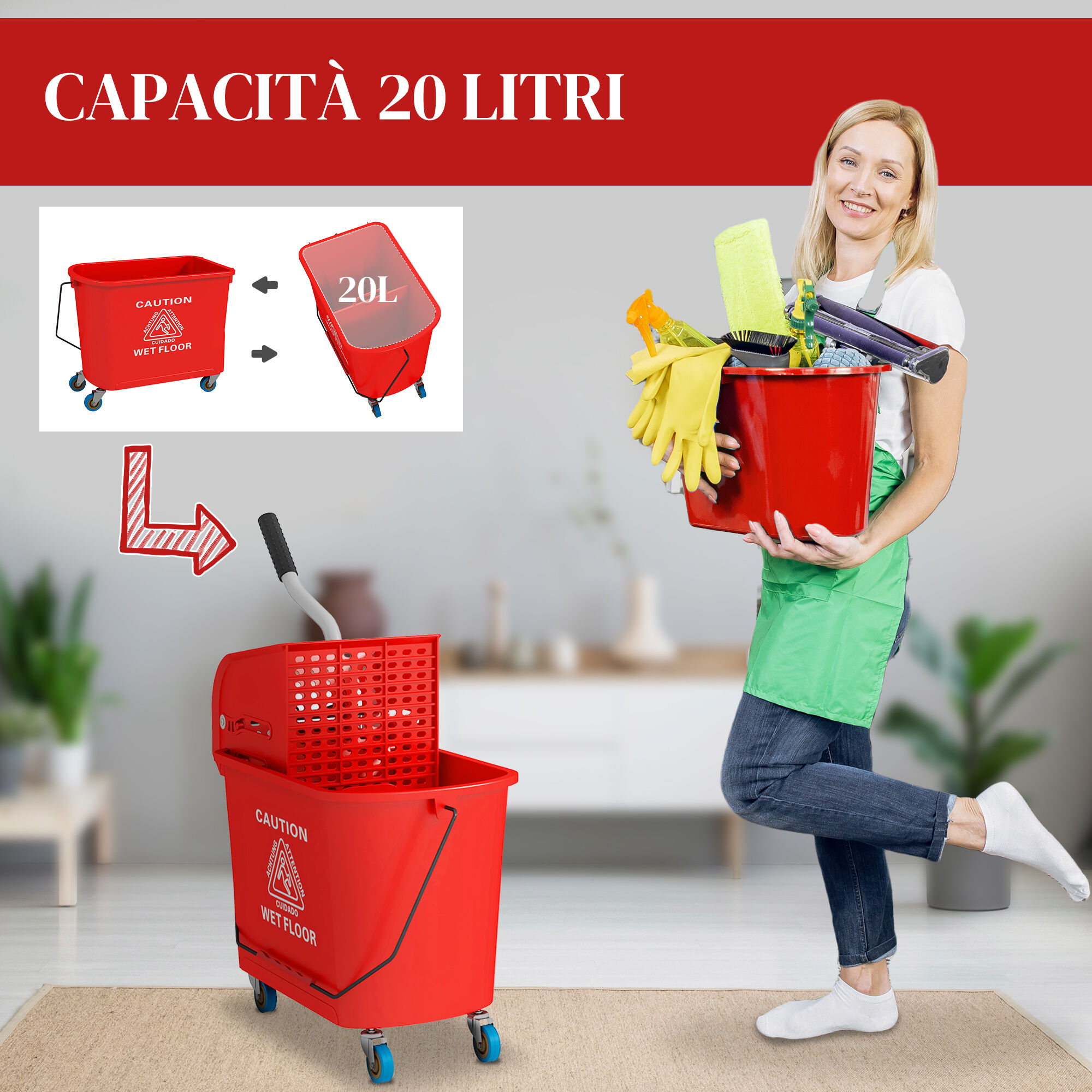 Altro Carrello Pulizie Carrello Lavapavimenti Con Strizzatore 60x27x70.5cm Rosso