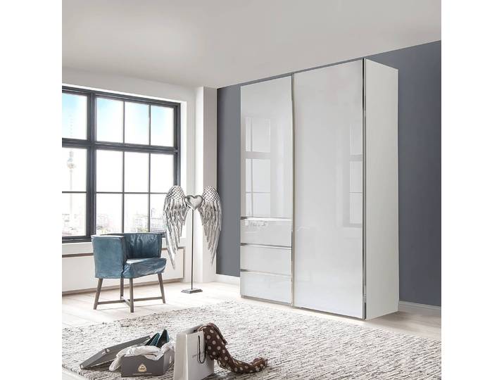 Schwebetürenschrank Glastür 165 x 217cm Weiß/Weiß