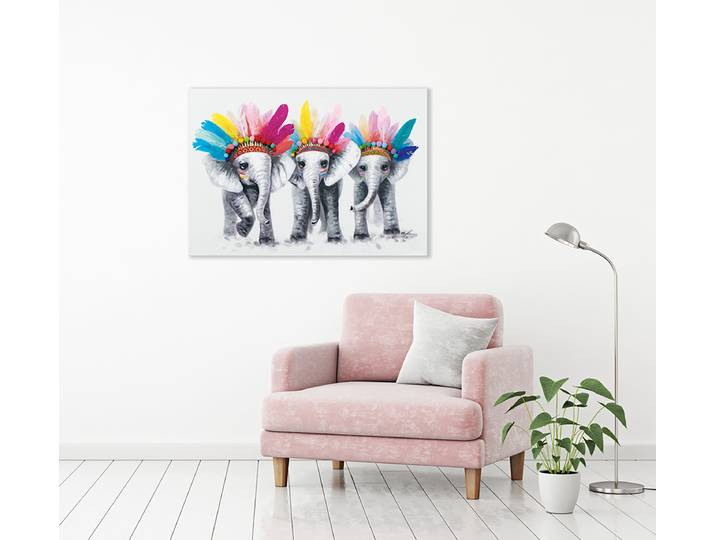 Toile Petits éléphants et plumes Tissu mélangé Bleu/Multicolore/Rose foncé/Jaune 70 x 100 x 3cm