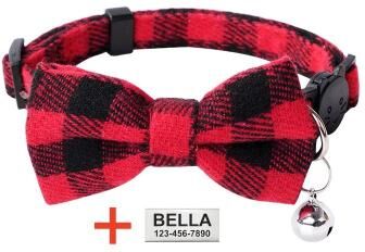 Uplift Treasures Personalized Plaid Nylon Cat Collar With Bell red Bowtie
