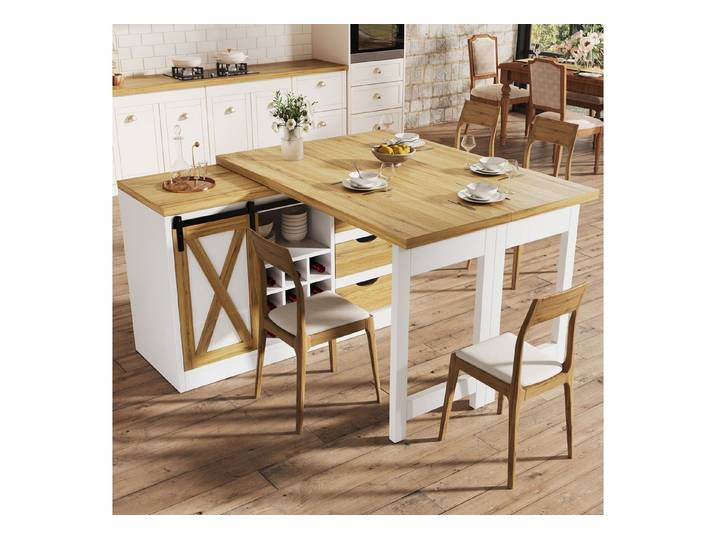 Odikalo Kücheninsel mit Esstisch Schubladen Weinflaschenhalter Scheunentür‑Design, (Multifunktionale Kücheninsel mit frei positionierbarer Esstisch‑Erweiterung, herausnehmbarem Weinflaschenhalter, Küchenbuffet Sideboard, 120‑197 cm)