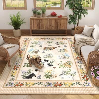 Garvee Dog Rabbit Print Washable Area Rug