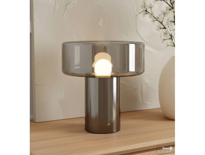 Akku-Tischleuchte LASSI 24 x 27 x 24cm Grau/Grau Schirm: Rauchglas Gestell: Eisen, gebürstet LED LED-Platine