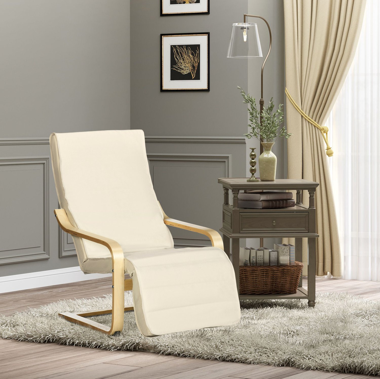 CHICFURN Relaxfauteuil met verstelbare voetensteun en houten frame - Crèmewit