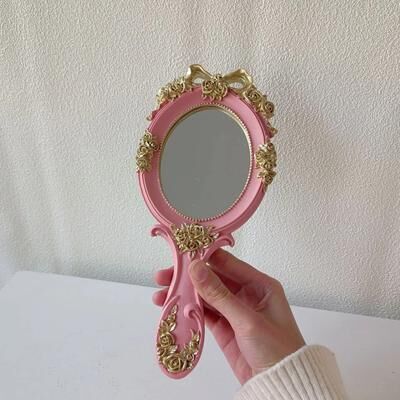 Uplift Picks Vintage Handheld Mirror European Style Retro Makeup Vanity Beauty Mirror pink