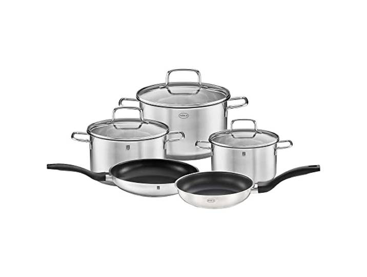 RÖSLE Basic Line Starter-Set 5-TLG., 3 Universaltöpfe, 2 Bratpfannen, Edelstahl 18/10, mit Glasdeckel und Schüttrand, induktionsgeeignet, spülmaschinengeeignet, Silber