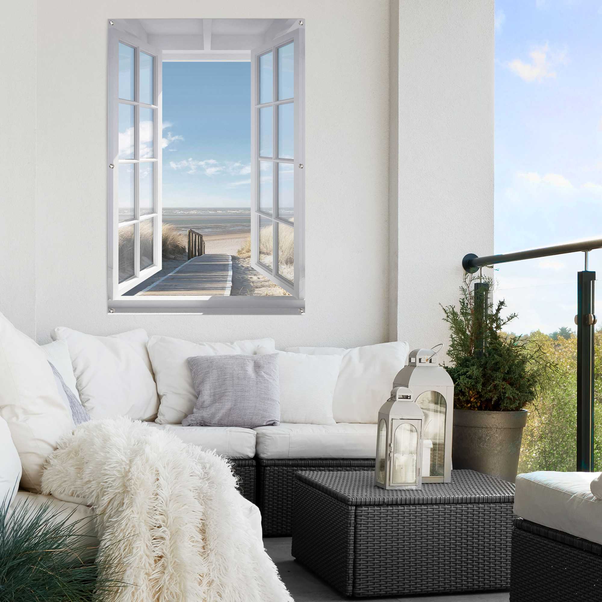 Reinders! Poster REINDERS "Fenster zur Nordsee", blau (farbe bild(er): blau), B:80cm H:120cm T:0,1cm, Leinwand, Bilder, Poster, Outdoor für Garten oder Balkon farbe bild(er): blau B/H/T: 80cm x 120cm x 0,1cm