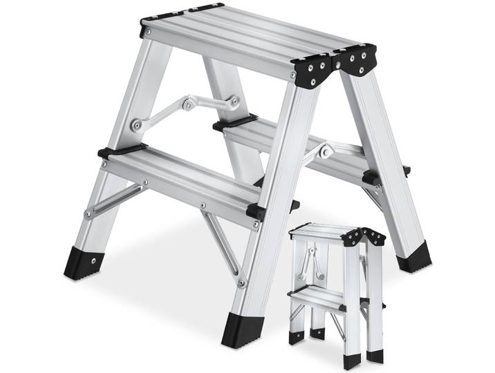 Doppelseitige Trittleiter Aluminium, klappbar, rutschfest - silber
