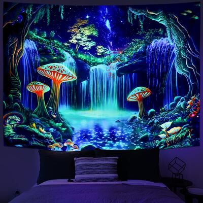Uplift Picks Psychedelic Forest Waterfall Tapestry Cyberpunk Wall Decor For Gaming Room 75x100cm 30x39inch