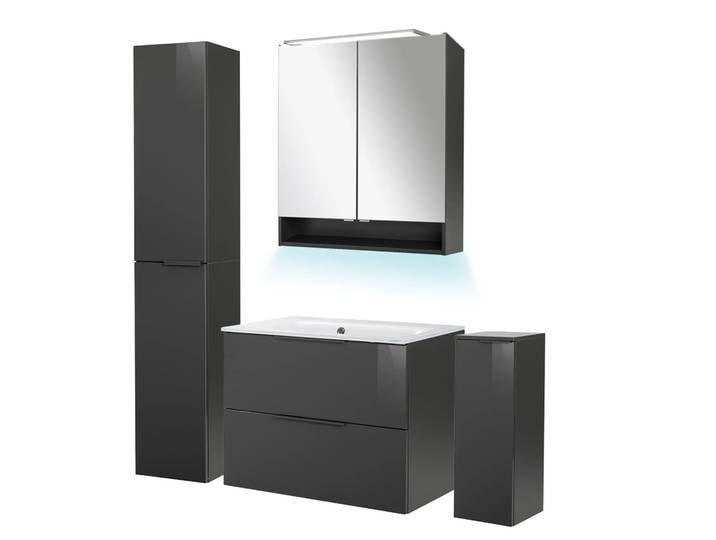 FACKELMANN LUNA Badmöbel Set 6-teilig 80 cm breit, Anthrazit, Waschbecken Glas Weiß + LED Spiegelschrank + Hochschrank + Midischrank + Ambientebeleuchtung