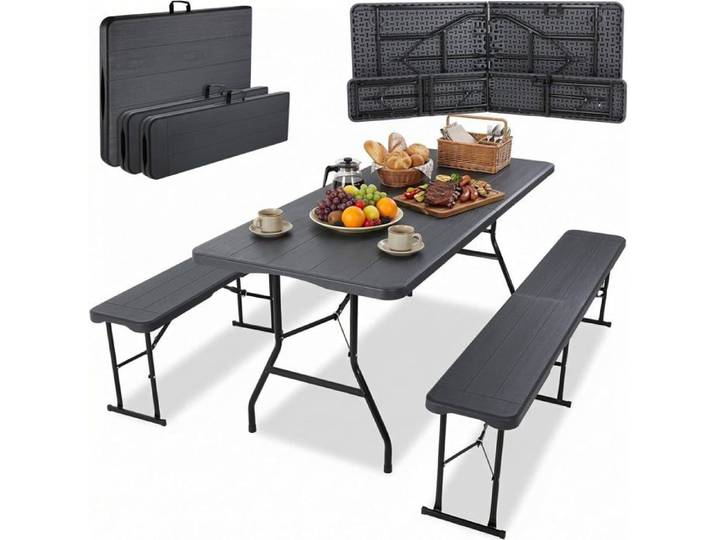 Ensemble de Table et bancs camping pique nique Meubles de Jardin Inclure 1 Table Pliante et 2 Bancs Pliable-(Bois-optique Gris)