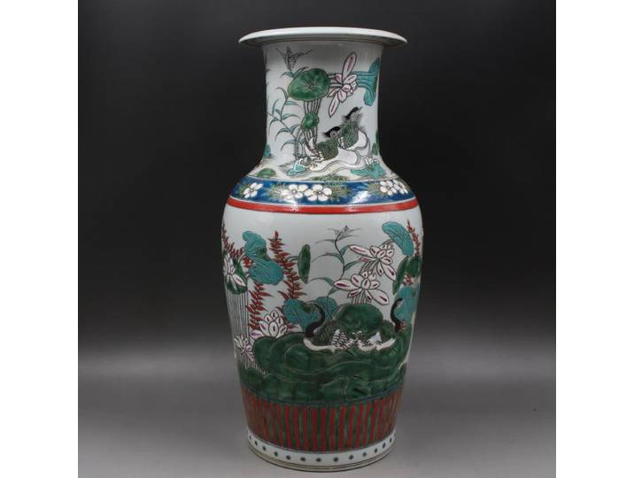 Vase à motif de Lotus et de canard Mandarin, cinq couleurs, dynastie Kangxi Qing, ornements en porcelaine Antique pour la maison, Antiquités et Curios