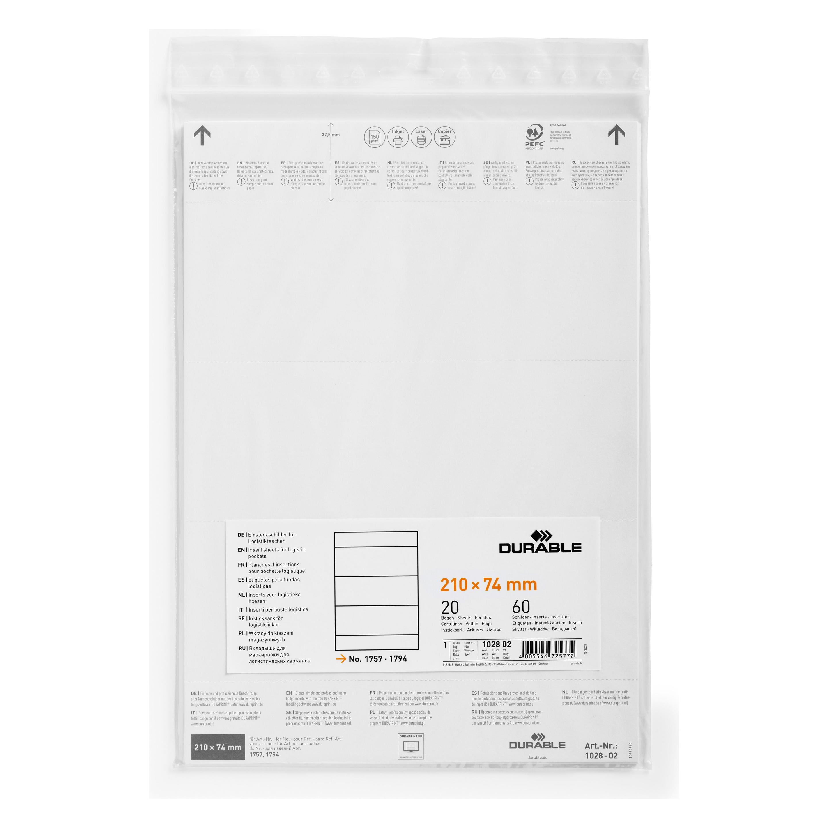 Durable Einsteckschild 210 x 74 mm (B x H) 150g/m² Papier weiss 60 St./Pack. (102802)