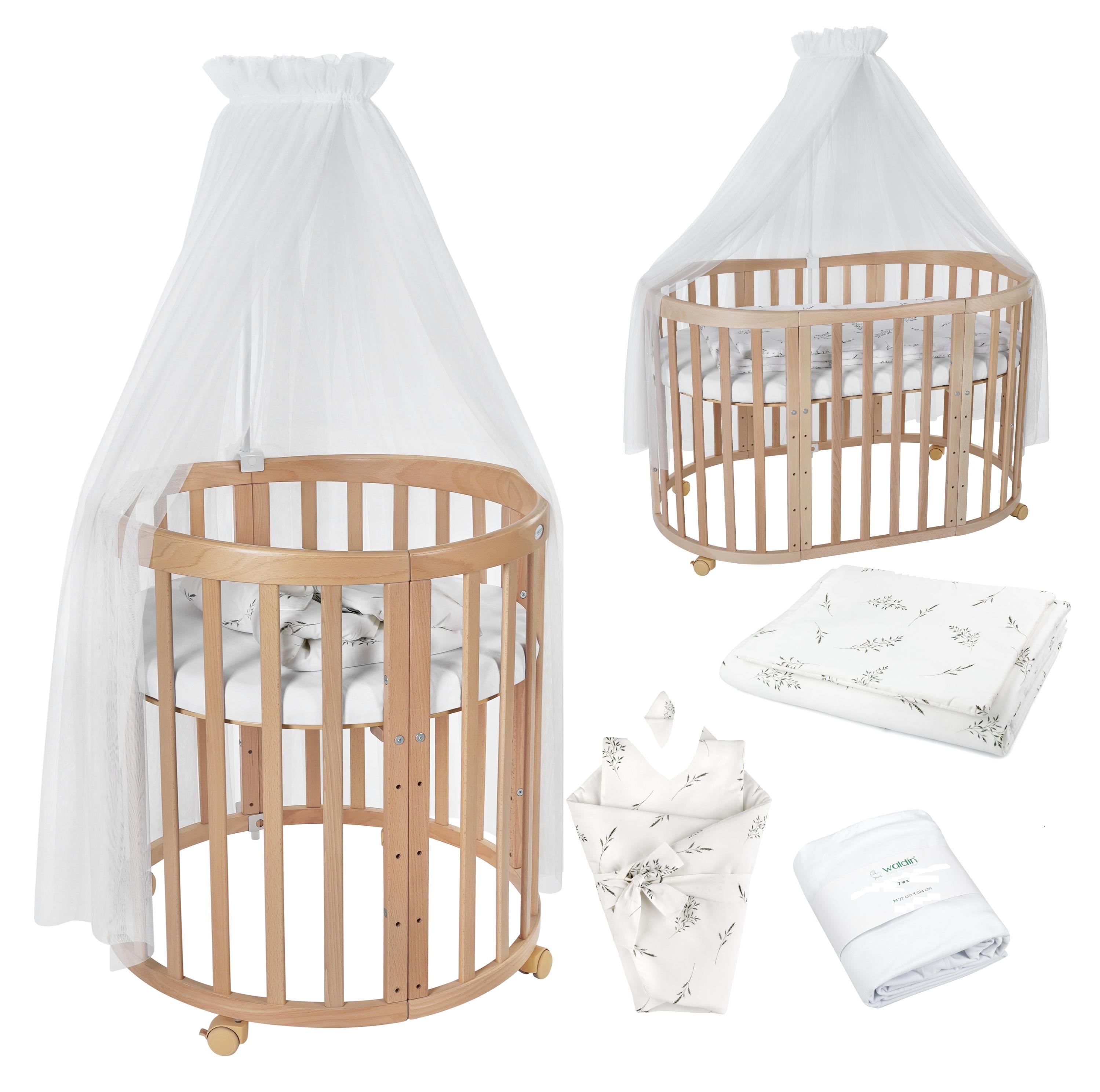 Mitwachsendes Babybett Großes Kinderbett 7-in-1 128x78x79 cm Weiß-Natur mit Zweigen inkl. 3-teiliger Schaumstoffmatratze und Rollen