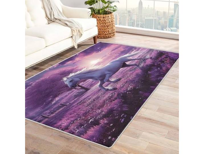AUWUUA Kinder Teppich Mädchen Pferd 160x200cm Teppich Wohnzimmer Schlafzimmer Kinderzimmer Pferde, Großer Teppiche Lila, Weich Kurzflor Waschbar rutschfest Bodenmatte für Küche, Flur, Bettvorleger
