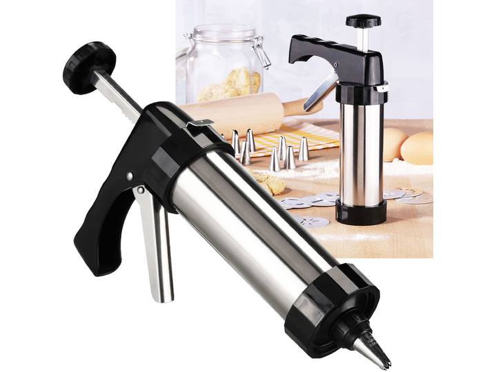 Profi-Gebäckpresse & Garnierspritze, 13 Schablonen und 8 Garniertüllen, Edelstahl