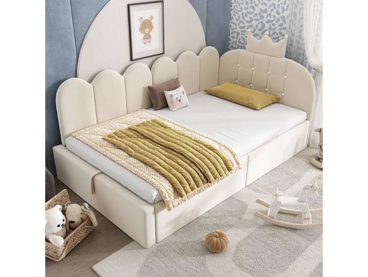 LIT ENFANT - Métal - Velours beige - Rangement hydraulique - 90x200