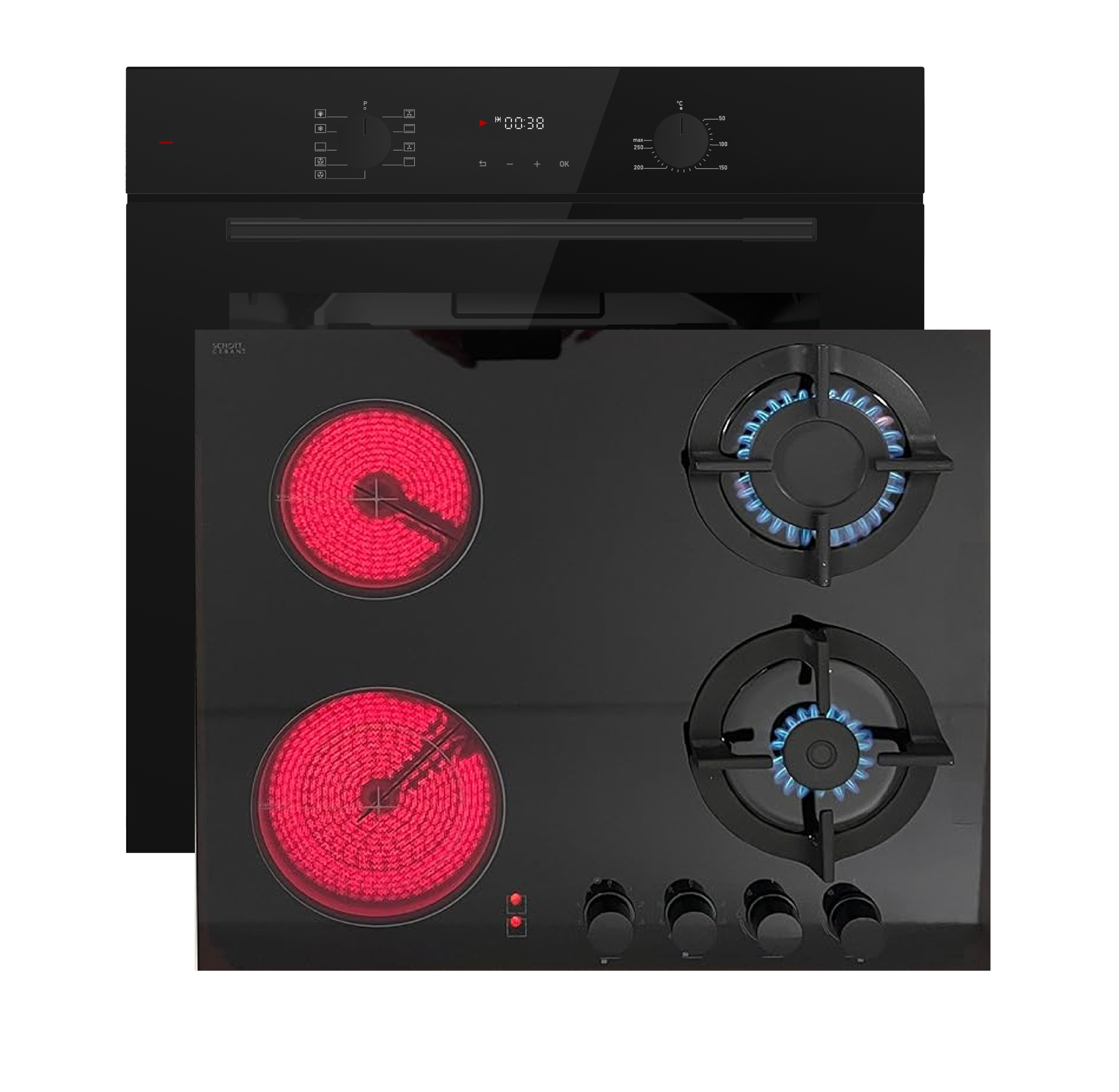 Böhme Einbaubackofen HB60F78PPB mit versenkbare Knebel + Gasline Hybrid Kombi Glas Gas Elektro 60cm Kochfeld Erdgas LPG Propan