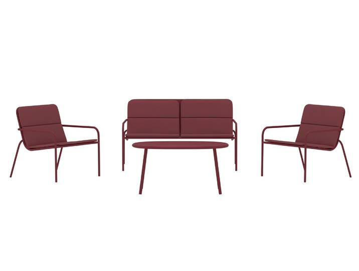 Gartenlounge-Set VENTURE HOME Fourni, 4-tlg Loungeset in Bordeaux mit Sofa, 2 Sesseln und Tisch , rot (bordeaux), B:133cm H:75cm T:70cm, Sitzmöbel-Sets, Gartenlounge-Set, Sitzgruppe, Stahlgestell, weiche Polster, belastbar bis 120 kg, modern