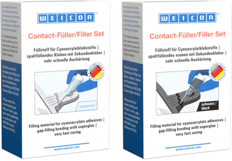 WEICON Contact-Füller Set, Set mit einem Cyanacrylatklebstoff und einem Füllstoff zur schnellen Reparatur von Rissen, Spalten usw., 1 Set, transparent (10063102)