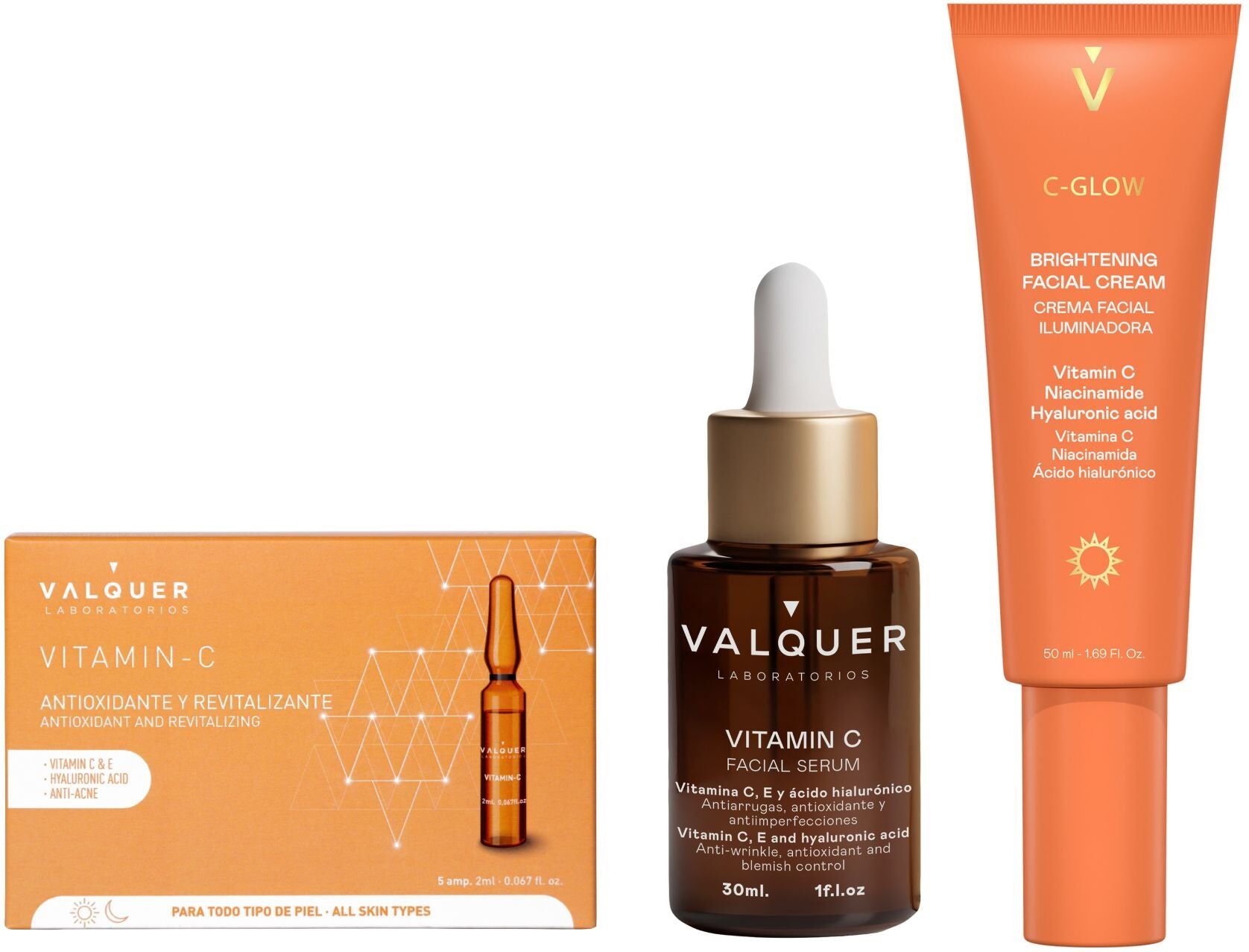 Valquer® Pack Piel Radiante - Ampollas Vitamina C + Sérum Vitamina C & Ácido Hialurónico + Crema Facial Iluminadora C-Glow