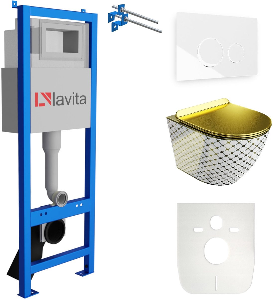 Lavita Complete Toiletset Sofi Slim Checked Gold met Voorwandelement en Bedieningsplaat Wit
