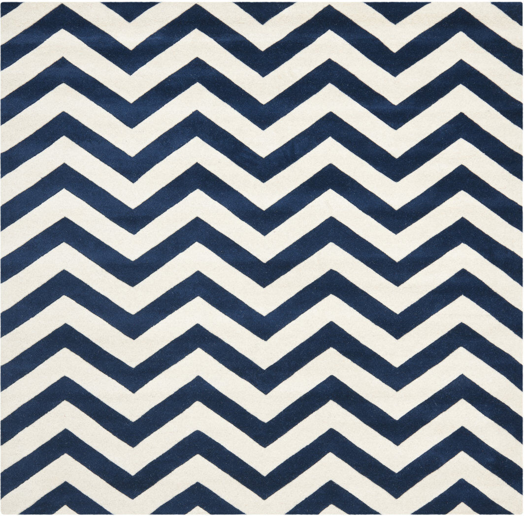 Brayden Studio Terence Chevron Wool Hand Woven Area Rug Dark Blue/Ivory Square 213cm
