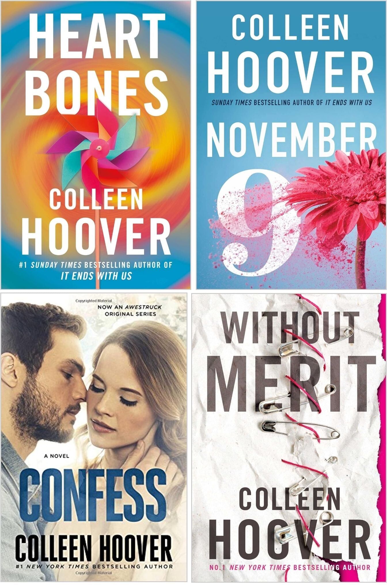 Simon & Schuster Colleen Hoover Collection 4 Books Set (Heart Bones, November 9, Without Merit, Confess)