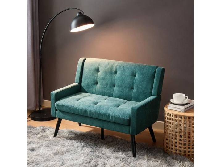 Banquette capitonnée 2 places en lin vert sauge et bois massif 120 cm style classique