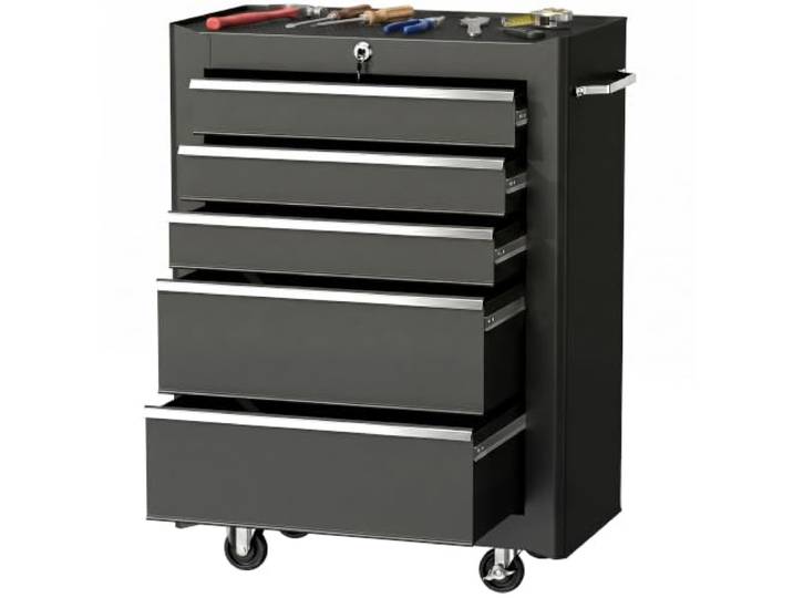 HOMCOM Servante d'Atelier Vide en Acier 5 Tiroirs sur Roulettes Noir Chariot à Outils\, Verrouillable 2 Clés\, Tapis EVA Antidérapant\, Caisse à Outils Pour Atelier\, Garage