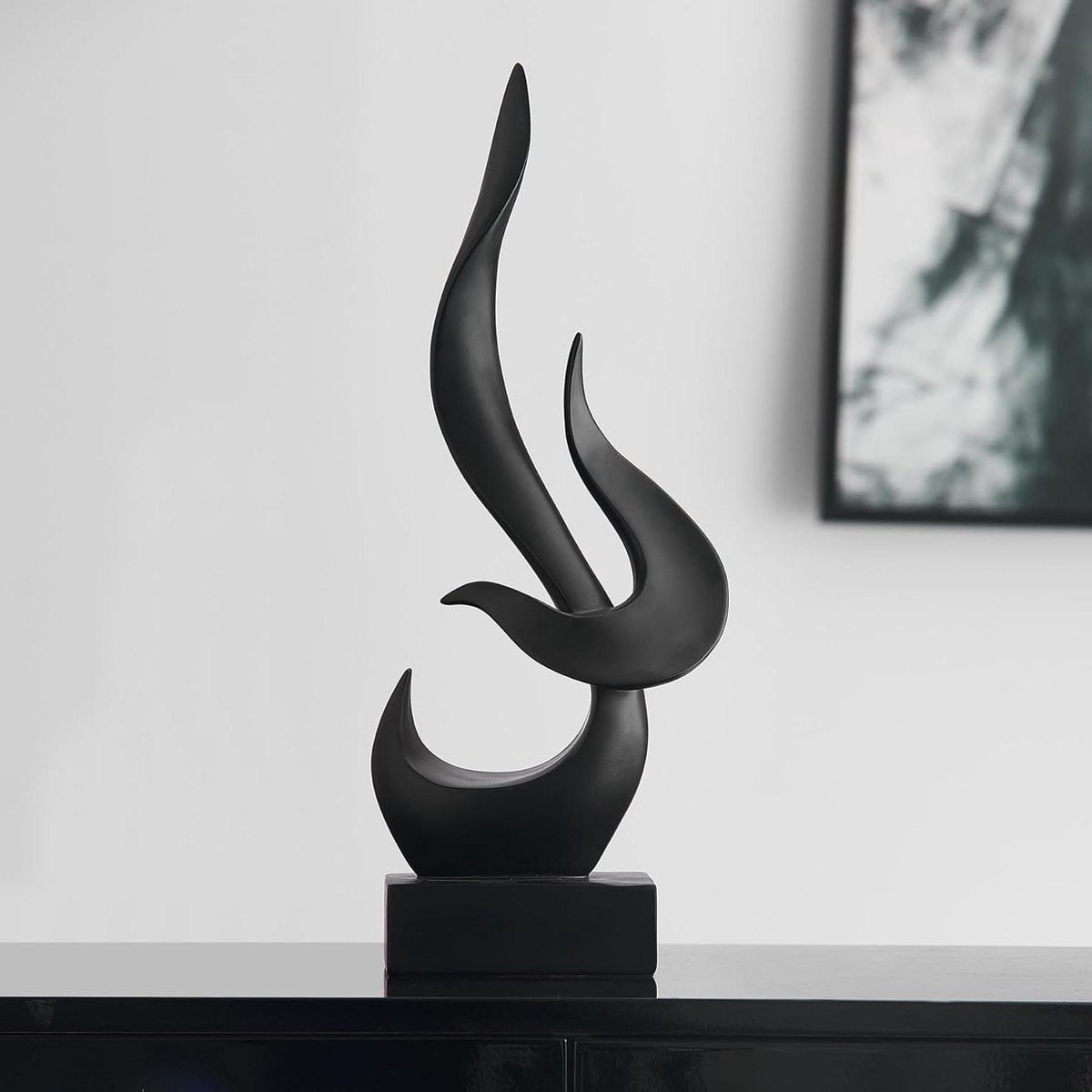 Abstracte Vlam Beeld - Zwart Hars Sculptuur Figuur - Hoogte: 39 cm