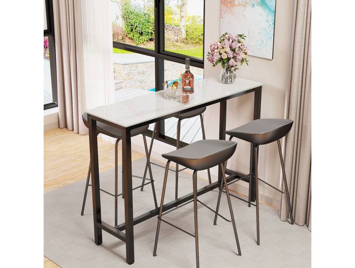 Table de bar en pierre frittée avec cadre en métal noir, comptoir rectangulaire blanc, table à manger recommandée, tables de pub hautes