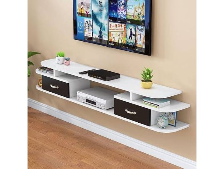 lowboard Schwimmender TV-Ständer, wandmontiertes Entertainment-Center, groß Stauraum mit verschiebbaren offenen Regalen auf der Tischplatte