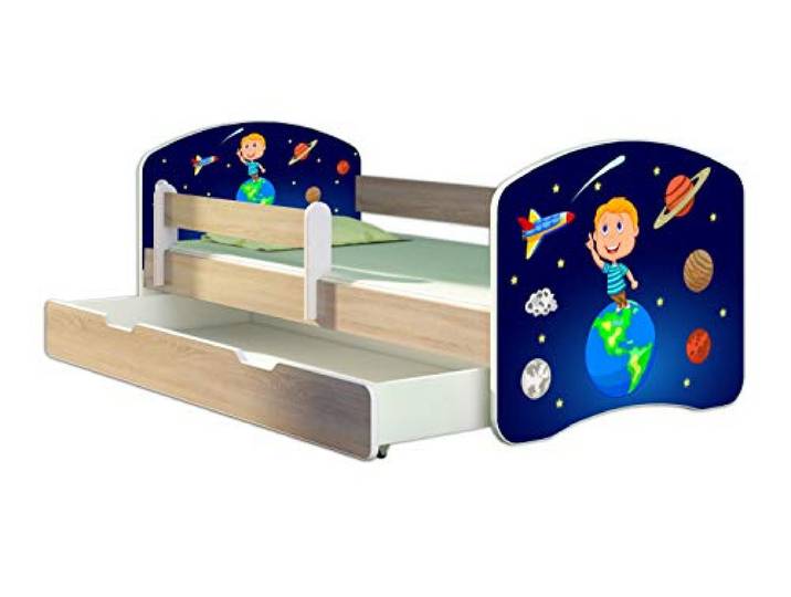 ACMA Kinderbett 180x80 Jugendbett mit Einer Schublade und Matratze, Farbe Sonoma mit Rausfallschutz Lattenrost II Spielbett Kinderzimmer Möbel, 22 Kosmos
